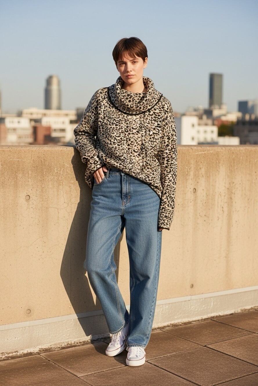 Women’s Calvin Klein Leopard Print Cowl Neck Top Sweater Long Sleeve Size S